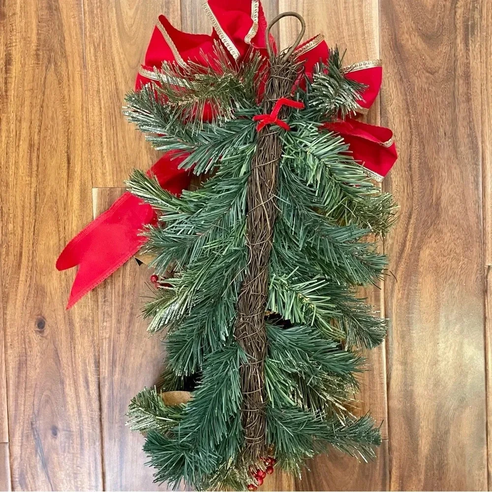 Vintage Artificial Pine Christmas Teardrop Swag with Pine Cones And Ribbon Bow.